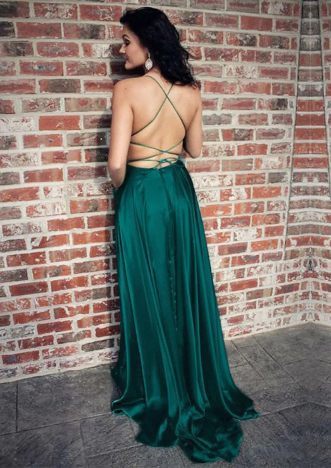 A-line Long Sweep Green Charmeuse Strappy Back Wrap Split Prom Dress