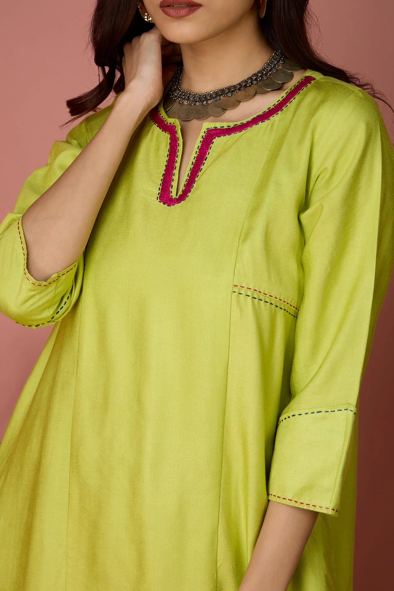 a-line panelled kurta with pockets - Limeade Delight & Rosy Citrine Hues