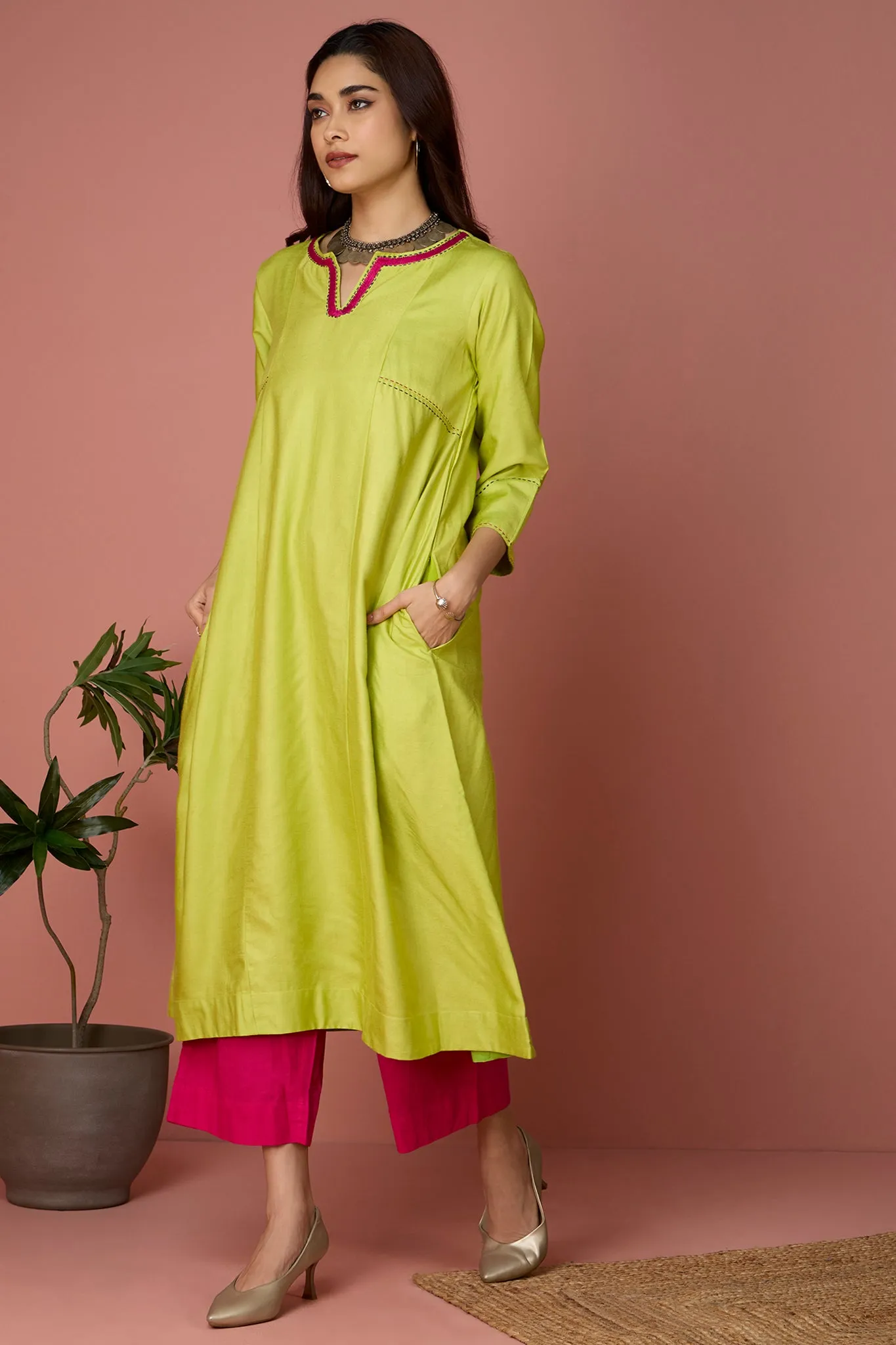 a-line panelled kurta with pockets - Limeade Delight & Rosy Citrine Hues