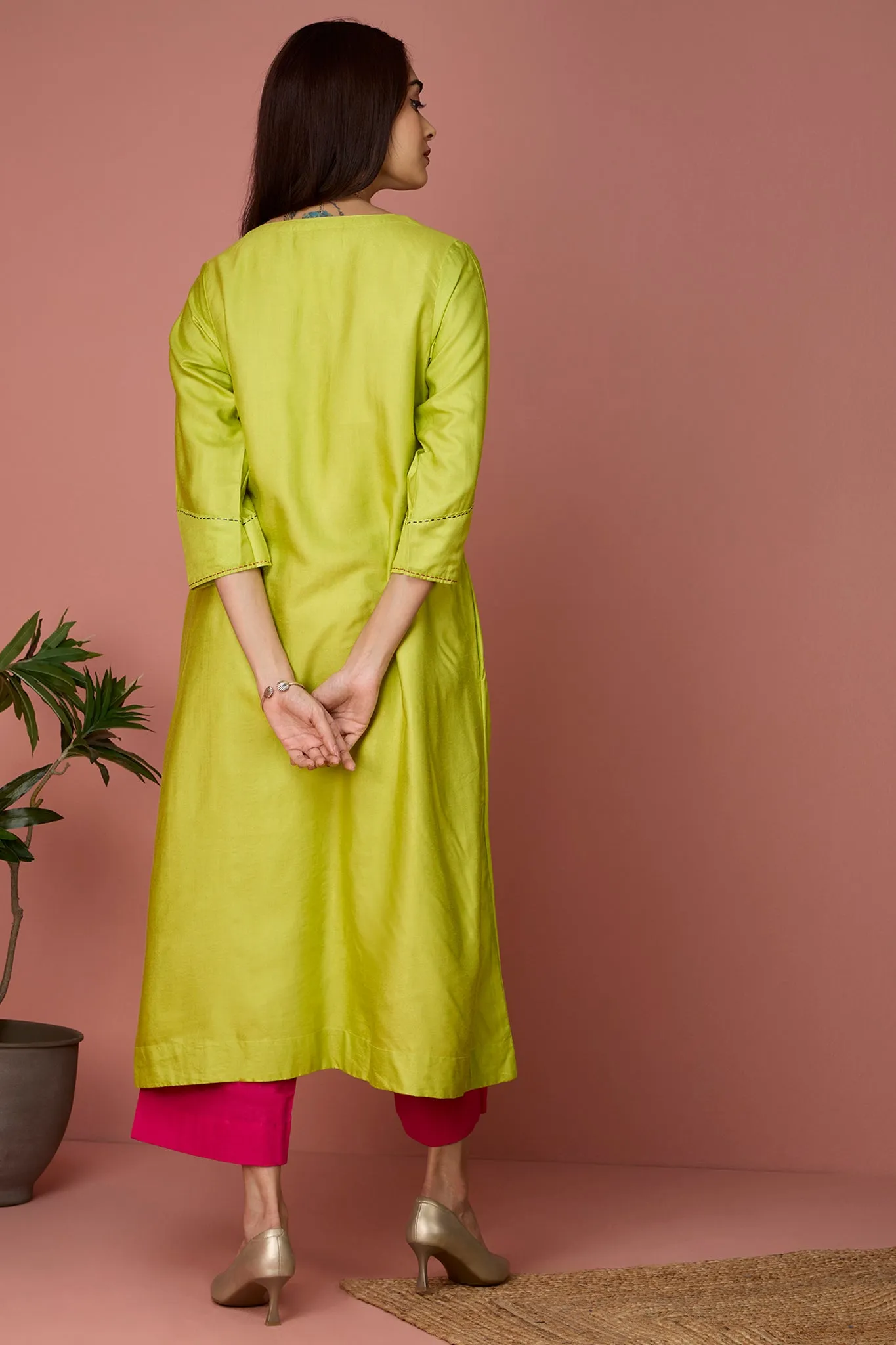 a-line panelled kurta with pockets - Limeade Delight & Rosy Citrine Hues