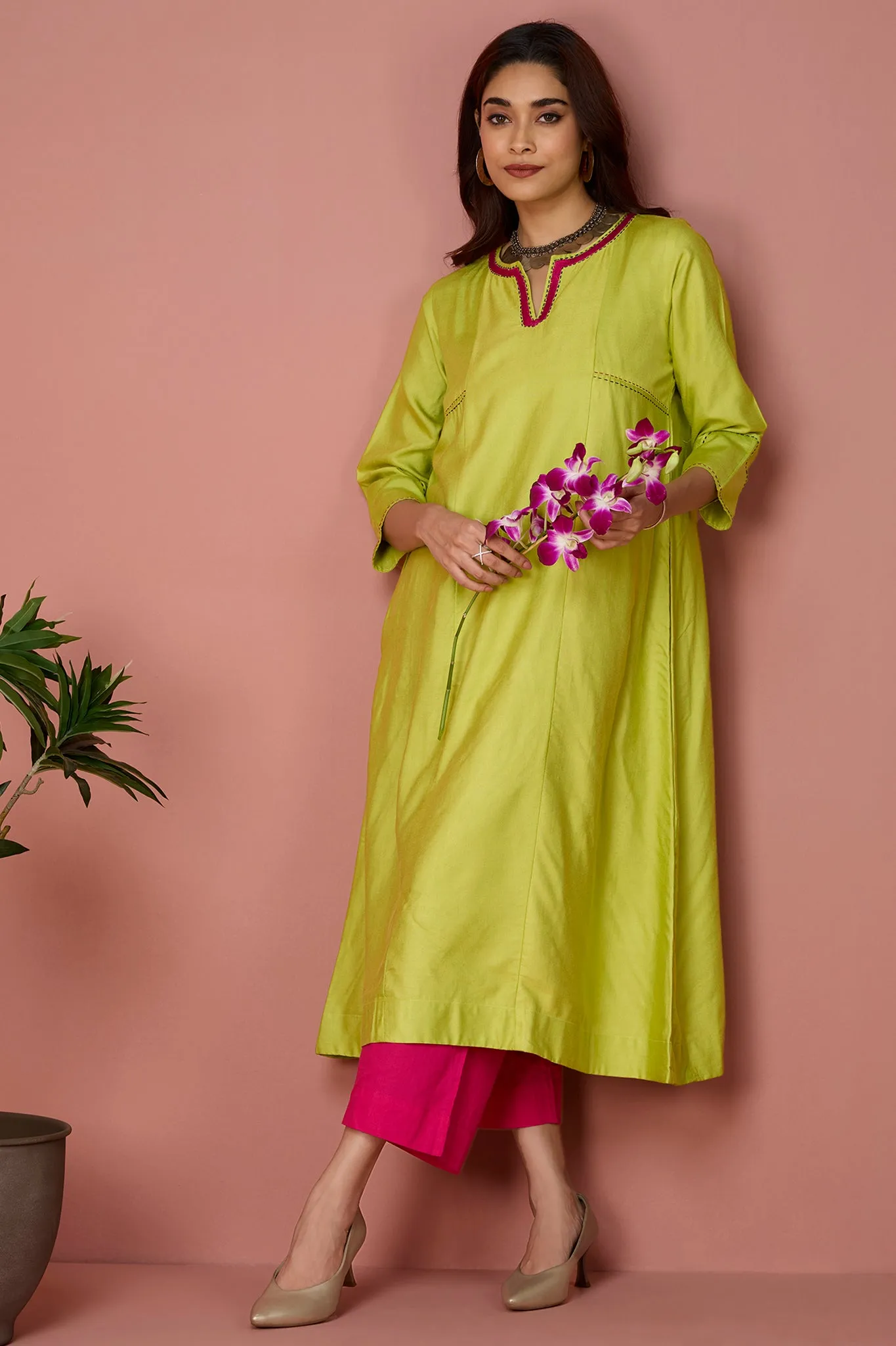 a-line panelled kurta with pockets - Limeade Delight & Rosy Citrine Hues