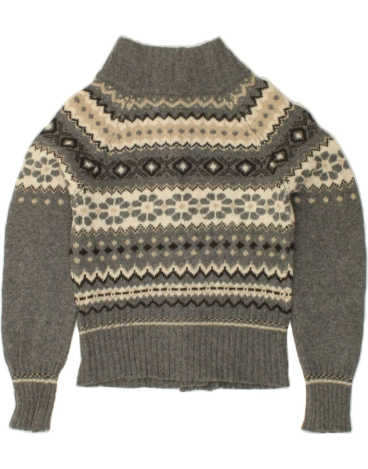 BENETTON Womens Crop Cardigan Sweater UK 12 Medium Grey Fair Isle Wool