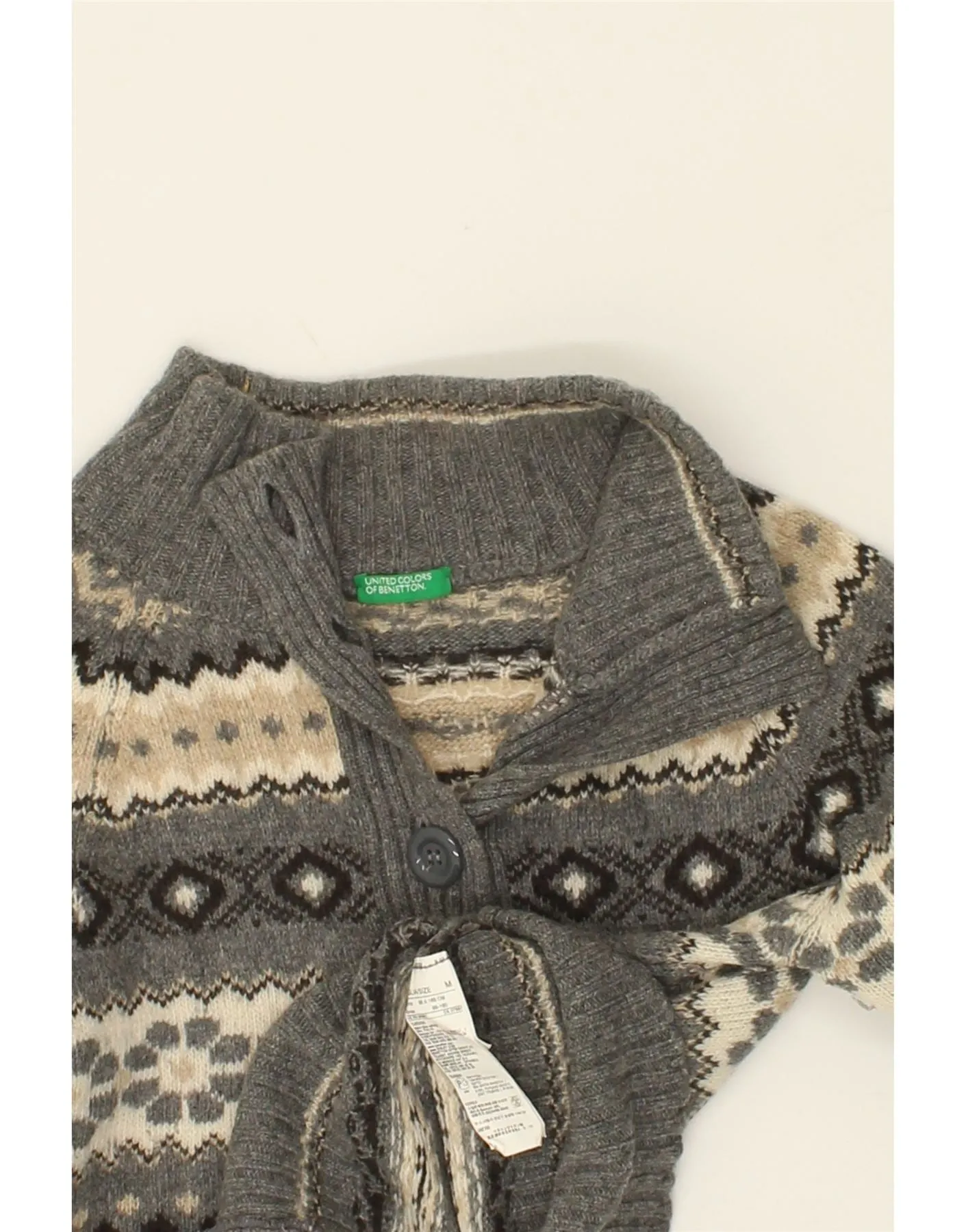 BENETTON Womens Crop Cardigan Sweater UK 12 Medium Grey Fair Isle Wool