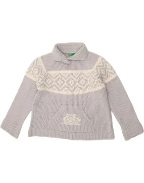 BENETTON Womens Crop Polo Neck Jumper Sweater IT 44 Medium Grey Fair Isle