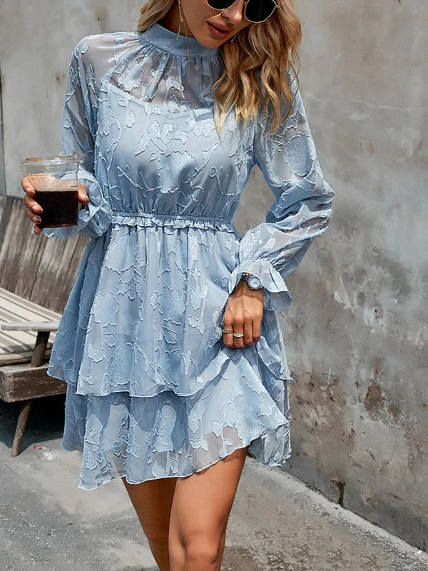 Boho Jacquard Floral Mesh Long Sleeve Dress