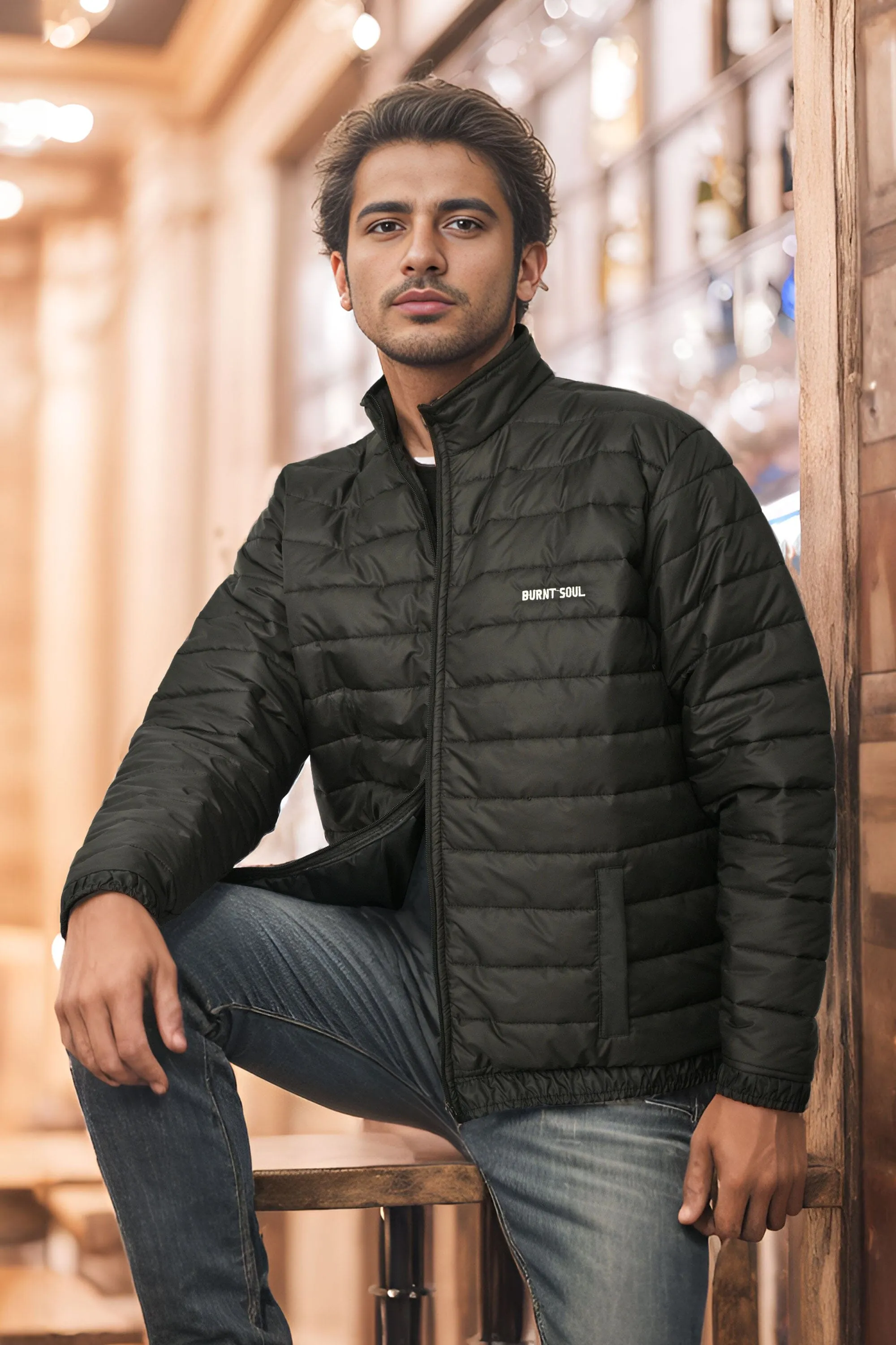 Burnt Soul Men's Embroidered Design Puffer Jacket