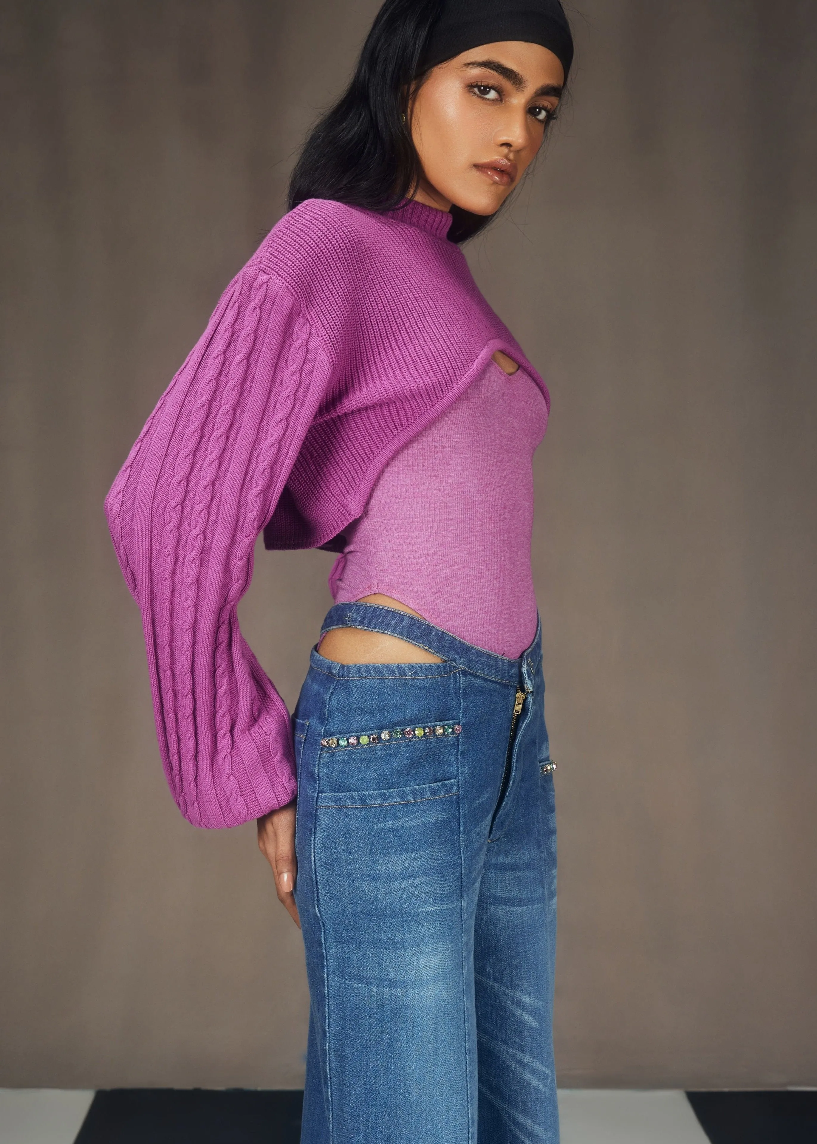 Caprice Purple Super-Cropped Sweater, Bodysuit and Cutout Denim Embellished Pants Set