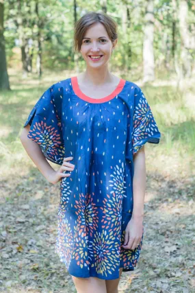 Dark Blue Summer Celebration Style Caftan in Abstract Floral Pattern