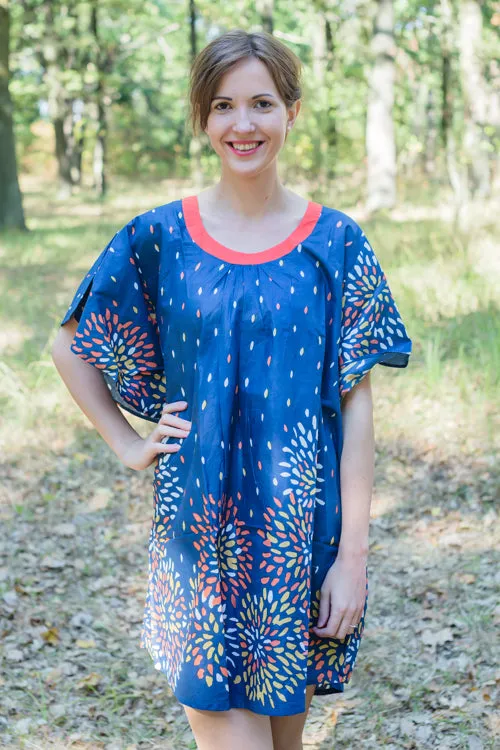 Dark Blue Summer Celebration Style Caftan in Abstract Floral Pattern