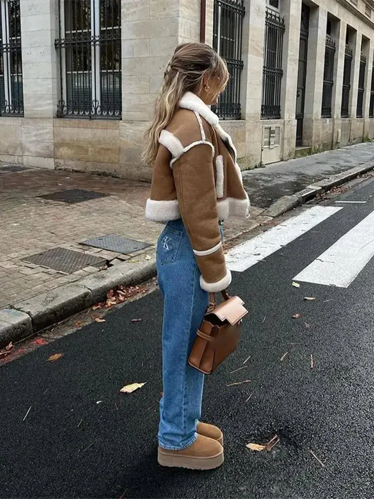 Flytonn-Fashion Lamb Wool Patchwork Fur One-piece Coat Women Casual Lapel Long Sleeves Thickened Jacket 2024 New Lady Warm Outerwear