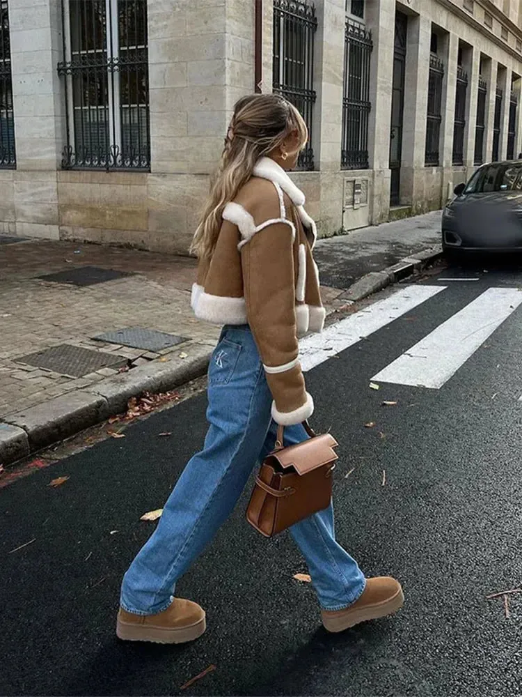 Flytonn-Fashion Lamb Wool Patchwork Fur One-piece Coat Women Casual Lapel Long Sleeves Thickened Jacket 2024 New Lady Warm Outerwear