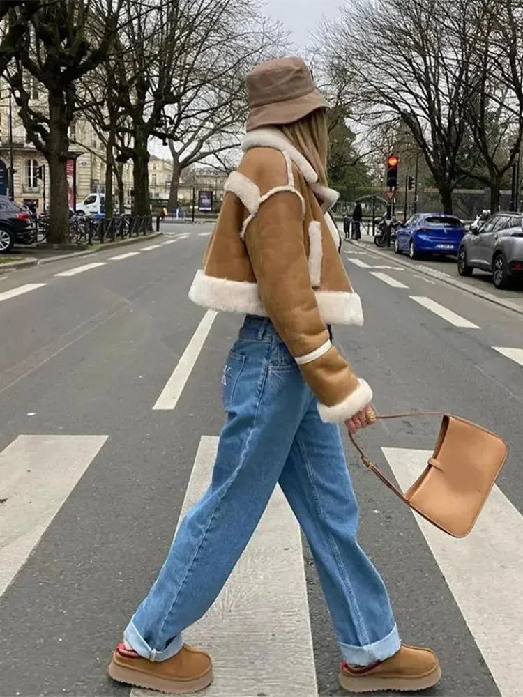 Flytonn-Fashion Lamb Wool Patchwork Fur One-piece Coat Women Casual Lapel Long Sleeves Thickened Jacket 2024 New Lady Warm Outerwear