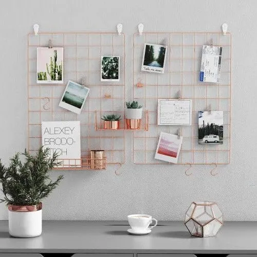 Franklite Photo Grid Frame Wall Grid Panel For Rectangular Photo Hanging Display & Wall Decoration Organizer, Multi-Functional Wall Storage Display Grid(30 X 30Cm) (Pink),Steel,Steel 2 pcs