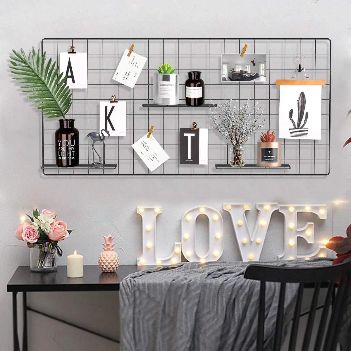 Franklite Steel Grid Photo Frame for Wall Clip Holder Photo Frame,Multi Functional Creative Mesh Wall GridIron hanging frame for home Decoration,wall,collage photo, key,1pcs Frame (55&85cm Black)