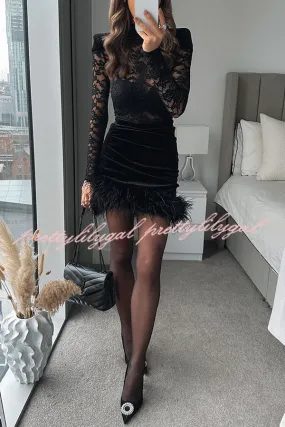 Freya Floral Lace Velvet Patchwork Feather Trim Ruched Stretch Mini Dress