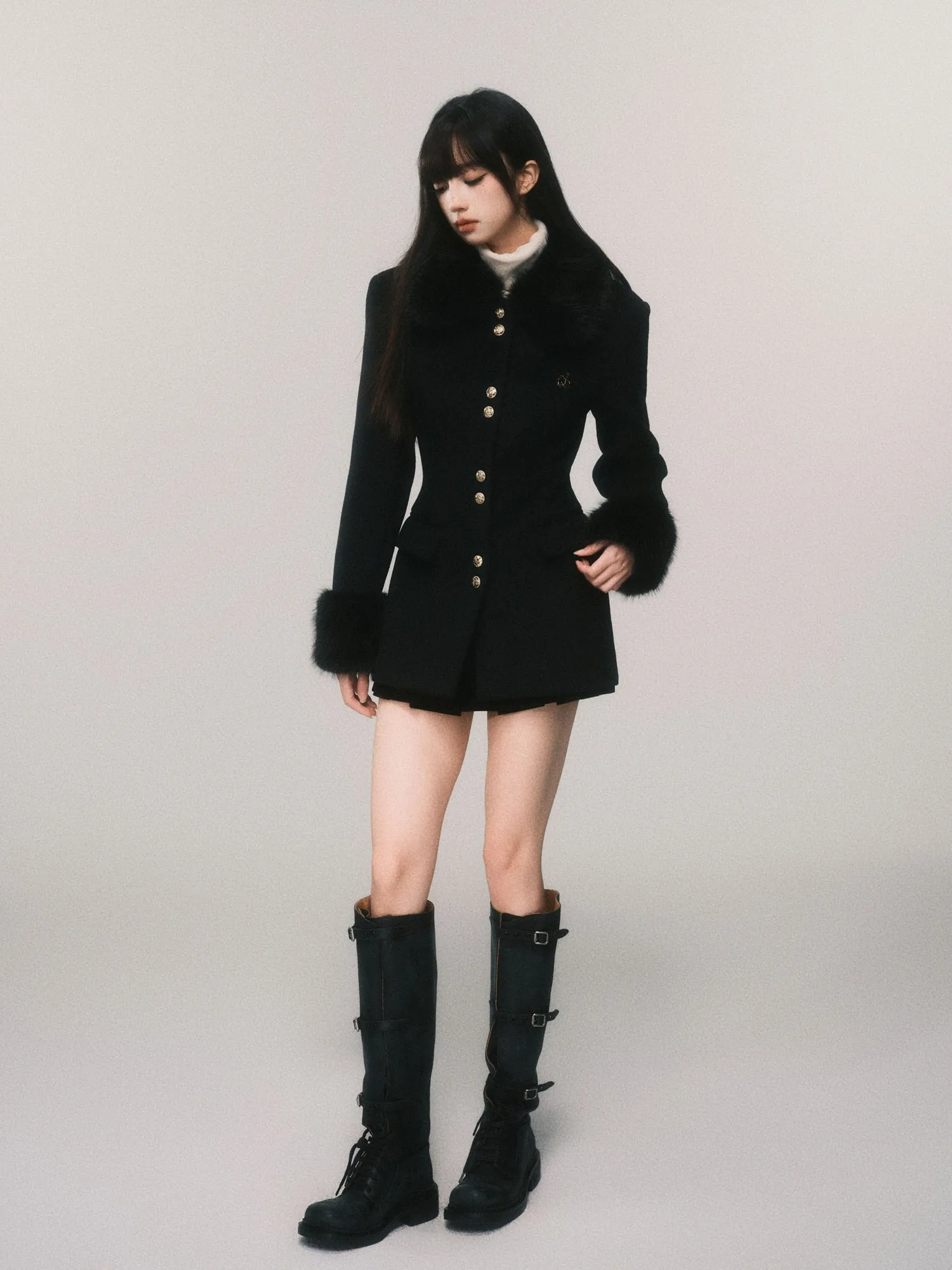 Fur Collar Gold Button Short Wool Jacket LUL0120