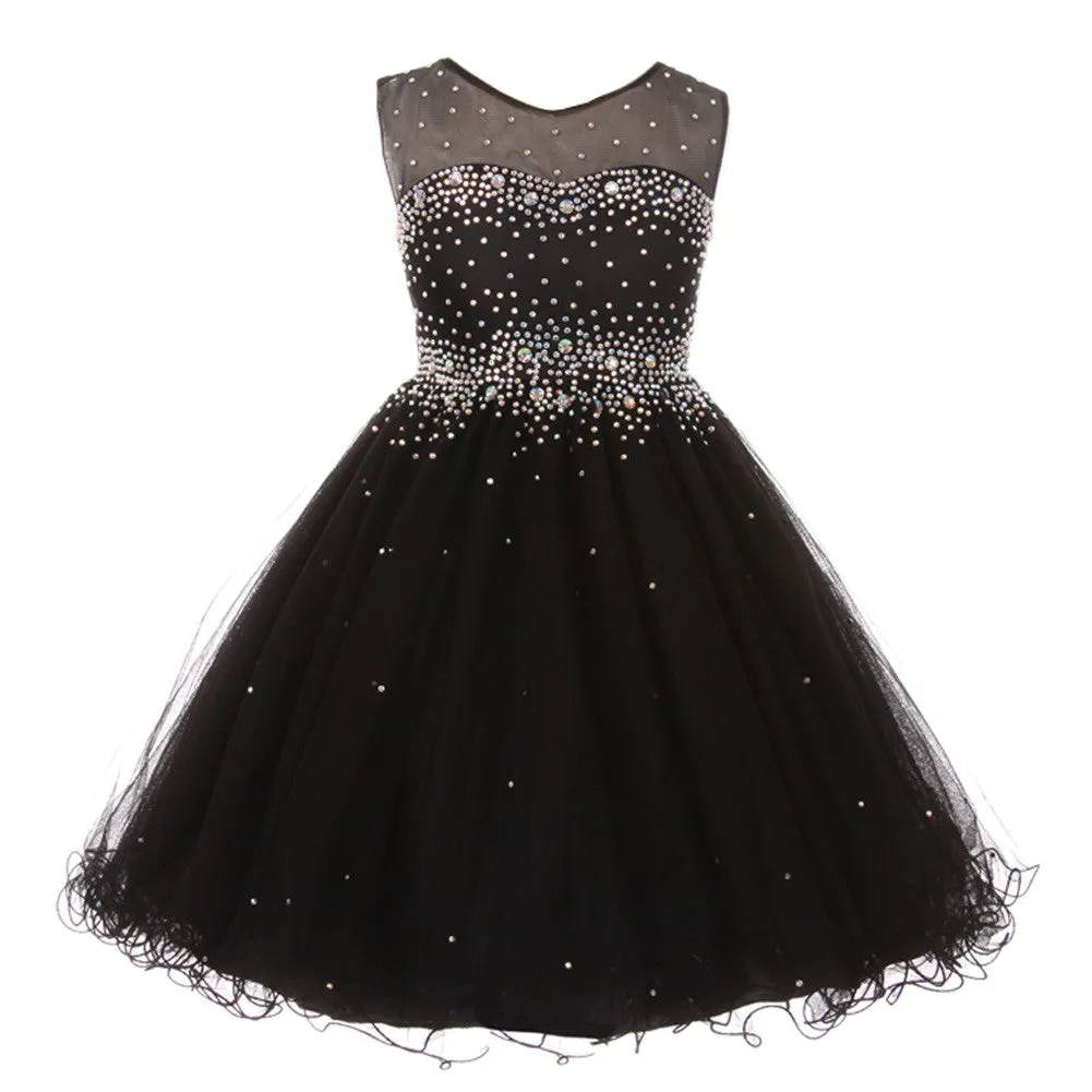 Girls Black Sparkling Rhinestone Illusion Tulle Party Formal Dress, Sizes 2-16