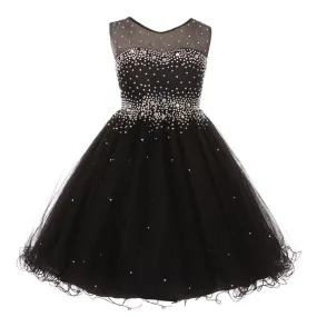 Girls Black Sparkling Rhinestone Illusion Tulle Party Formal Dress, Sizes 2-16