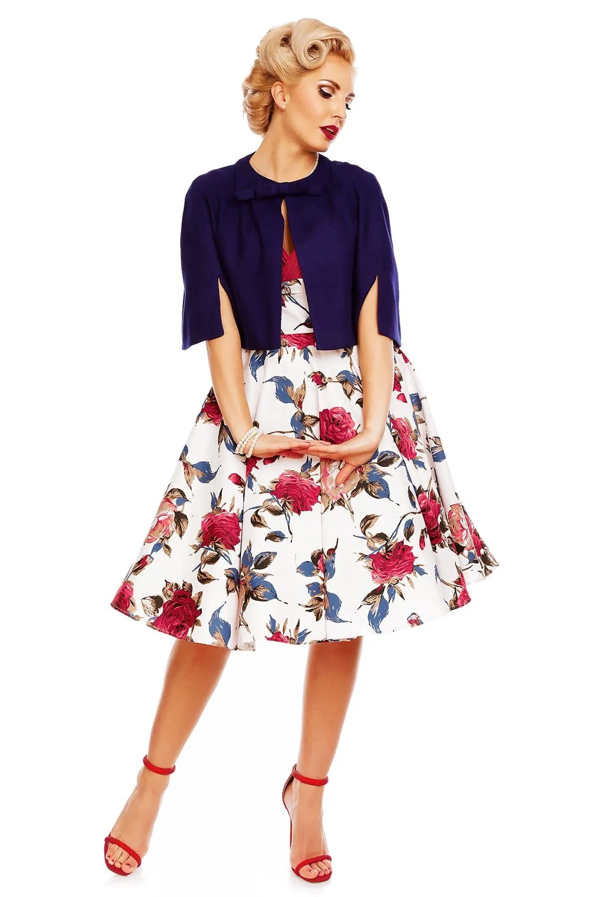 Grace Vintage Style Jive Floral Dress in White-Burgundy