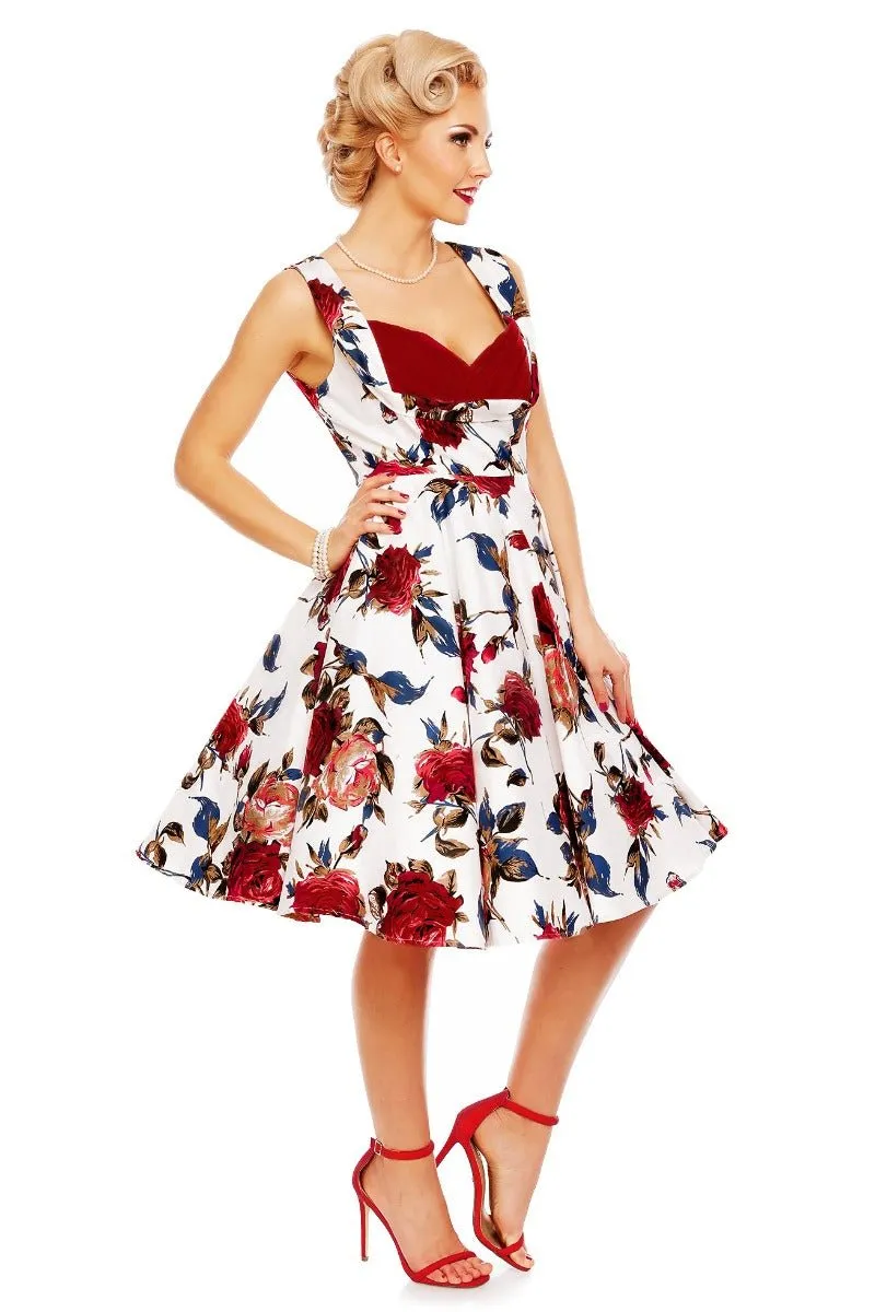 Grace Vintage Style Jive Floral Dress in White-Burgundy