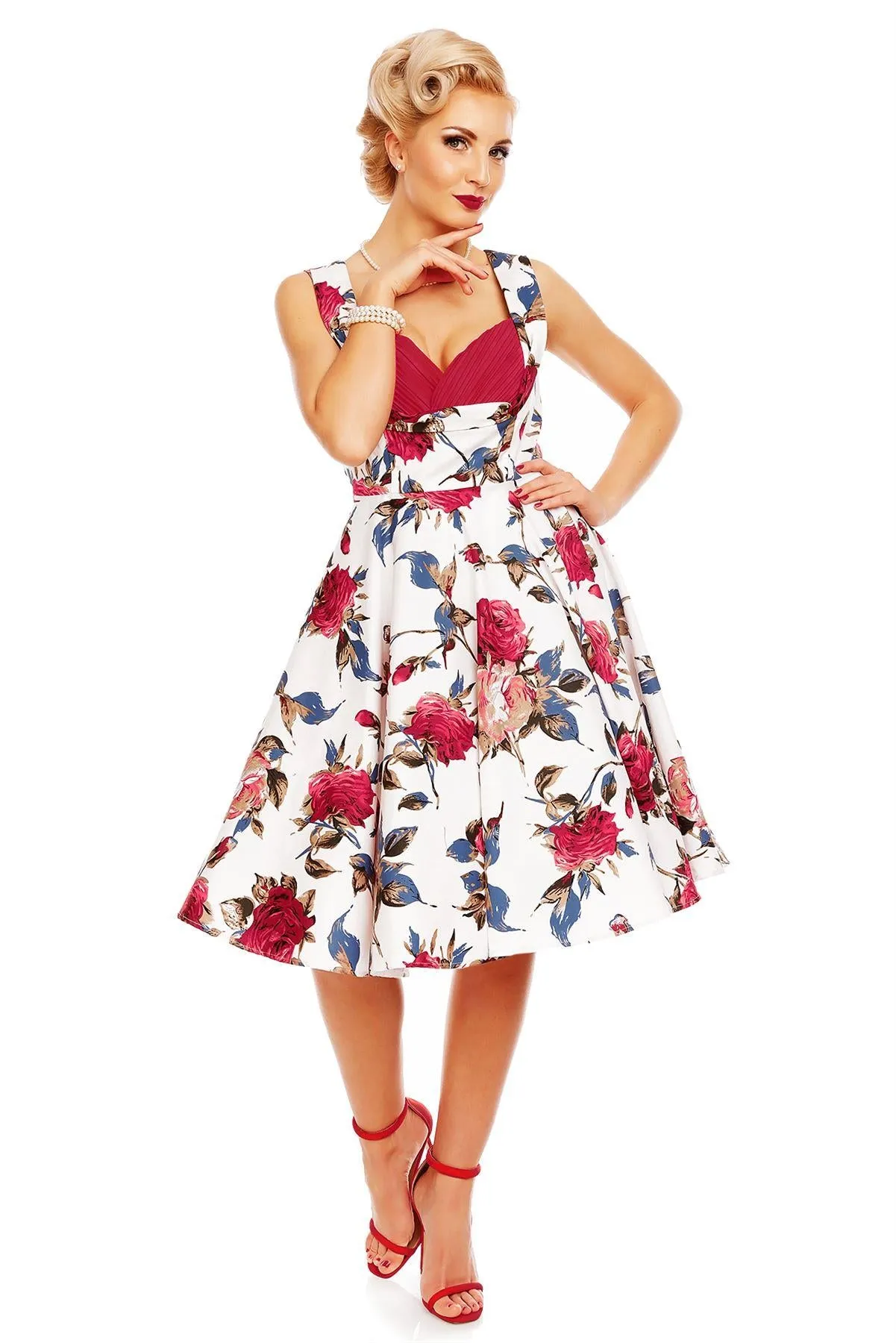Grace Vintage Style Jive Floral Dress in White-Burgundy
