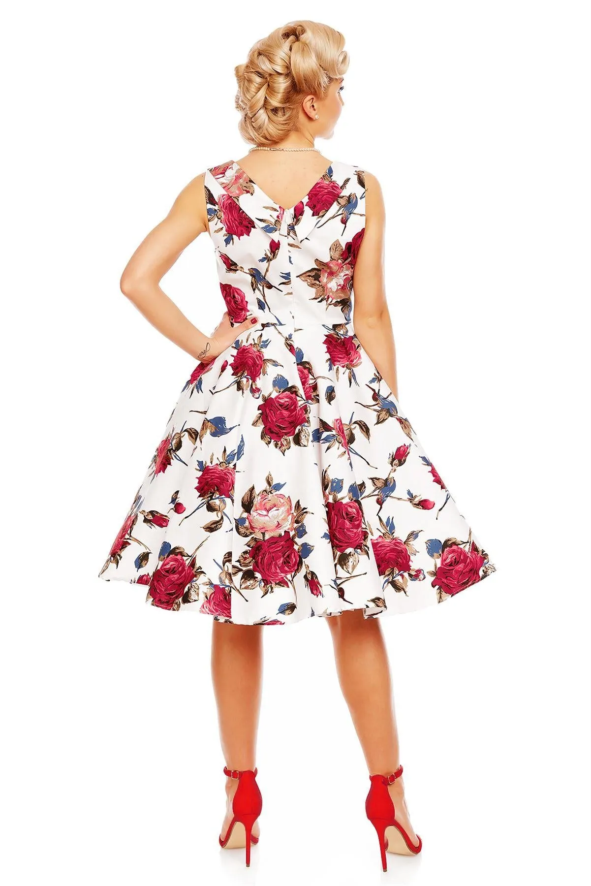 Grace Vintage Style Jive Floral Dress in White-Burgundy