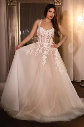 Ladivine CDS477W Lace A-Line Wedding Gown With Layered Tulle Skirt