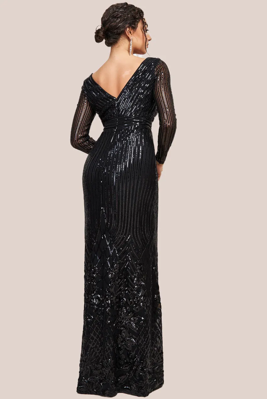 Long Sleeve Sequin V Wrap Maxi Dress - Black by Goddiva
