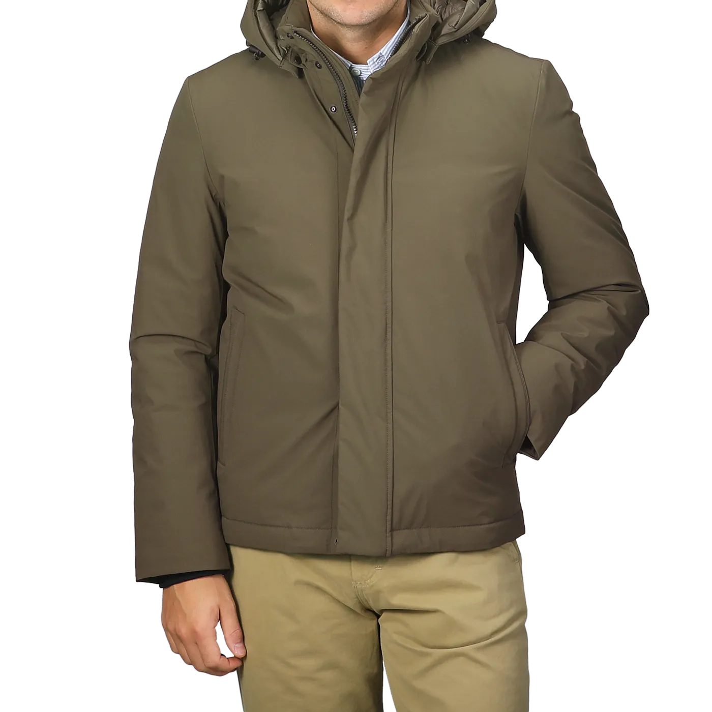 Military Green Stretch Nylon Hood Jacket