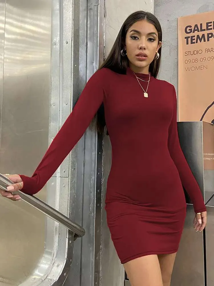 New Arrival Turtleneck Long Sleeve Skinny Mini Dress Women Elegant Chest Slim Pleated