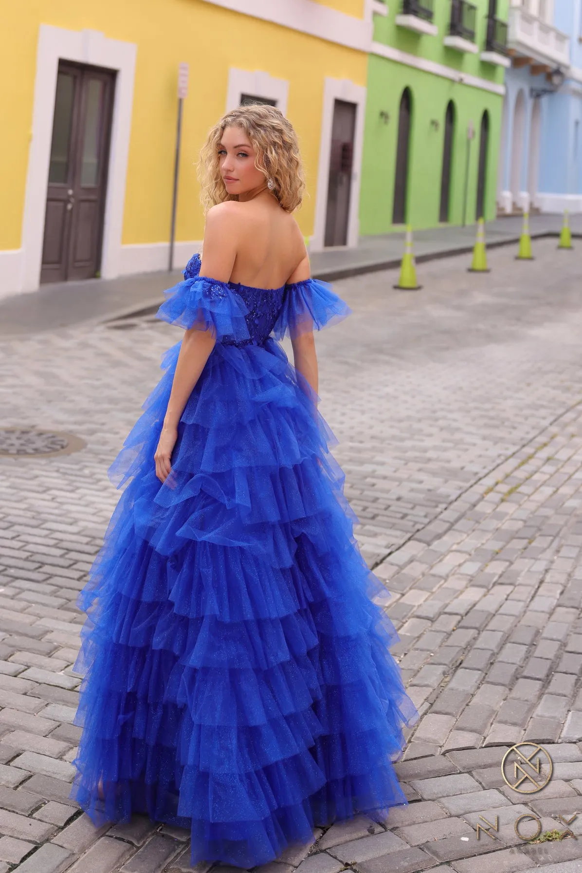 Nox Anabel T1338 Shimmer Layer Tulle A Line Dress Sequin Corset Puff Sleeves Pleated
