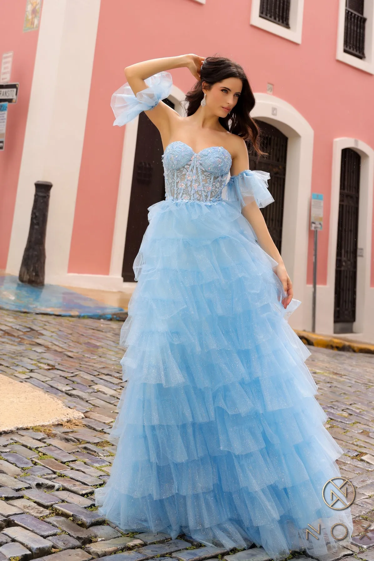 Nox Anabel T1338 Shimmer Layer Tulle A Line Dress Sequin Corset Puff Sleeves Pleated