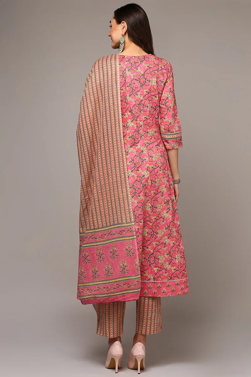 Pink Pure Cotton Printed Flared Suit Set