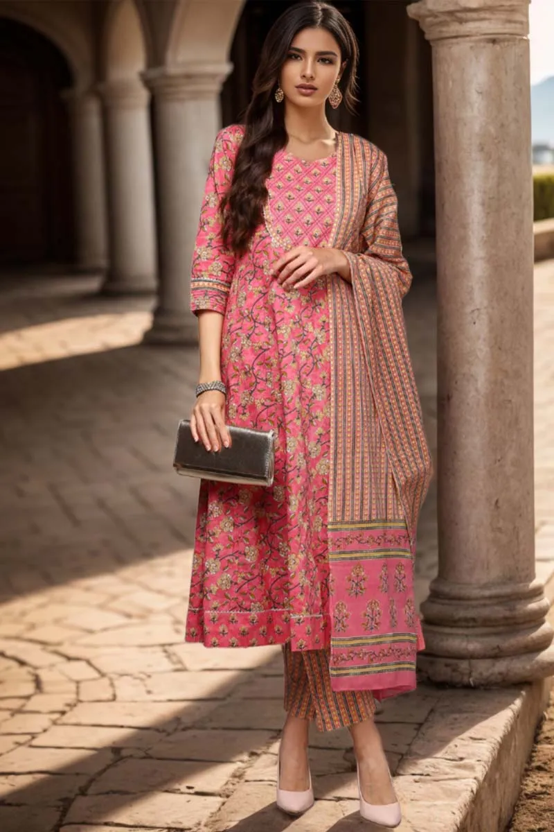 Pink Pure Cotton Printed Flared Suit Set