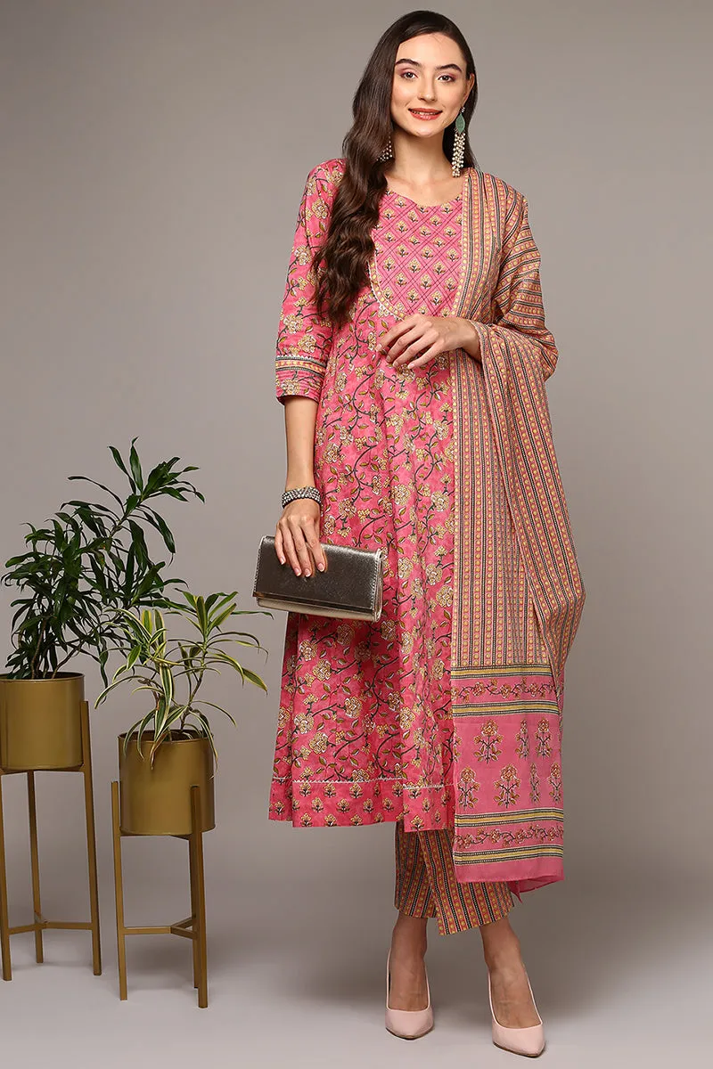 Pink Pure Cotton Printed Flared Suit Set
