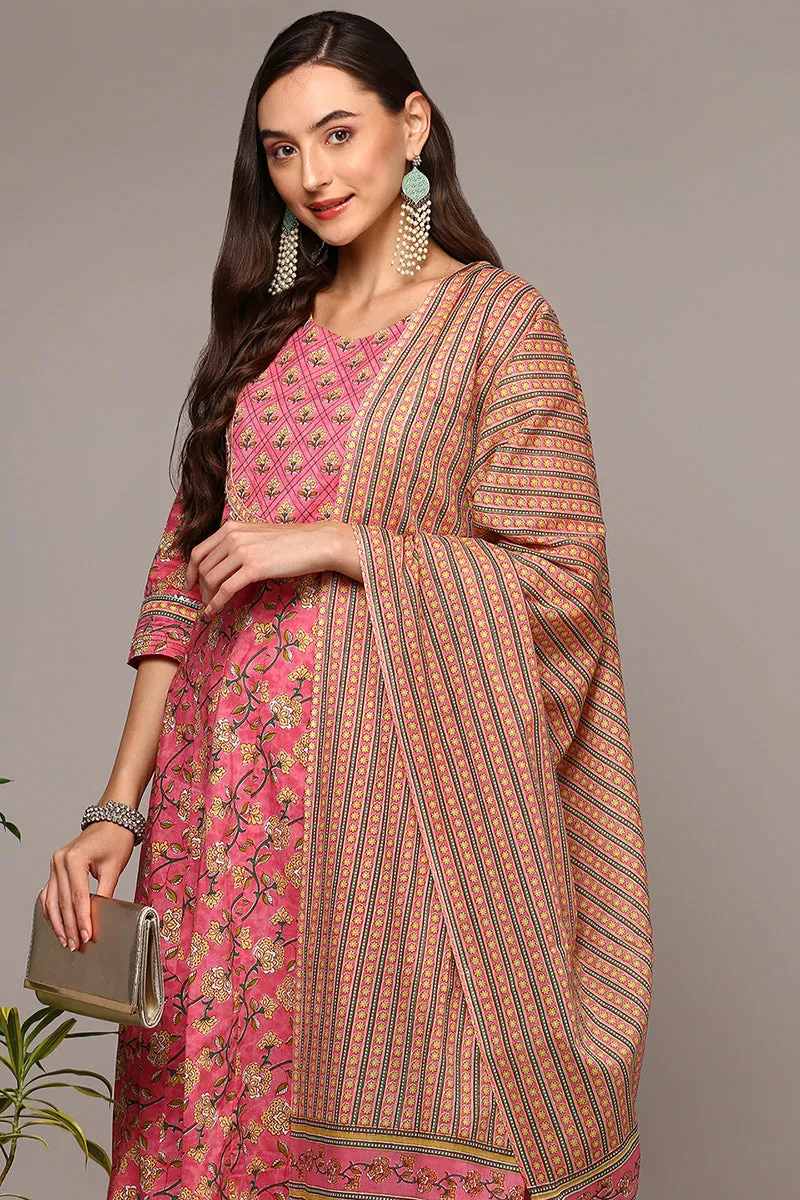 Pink Pure Cotton Printed Flared Suit Set