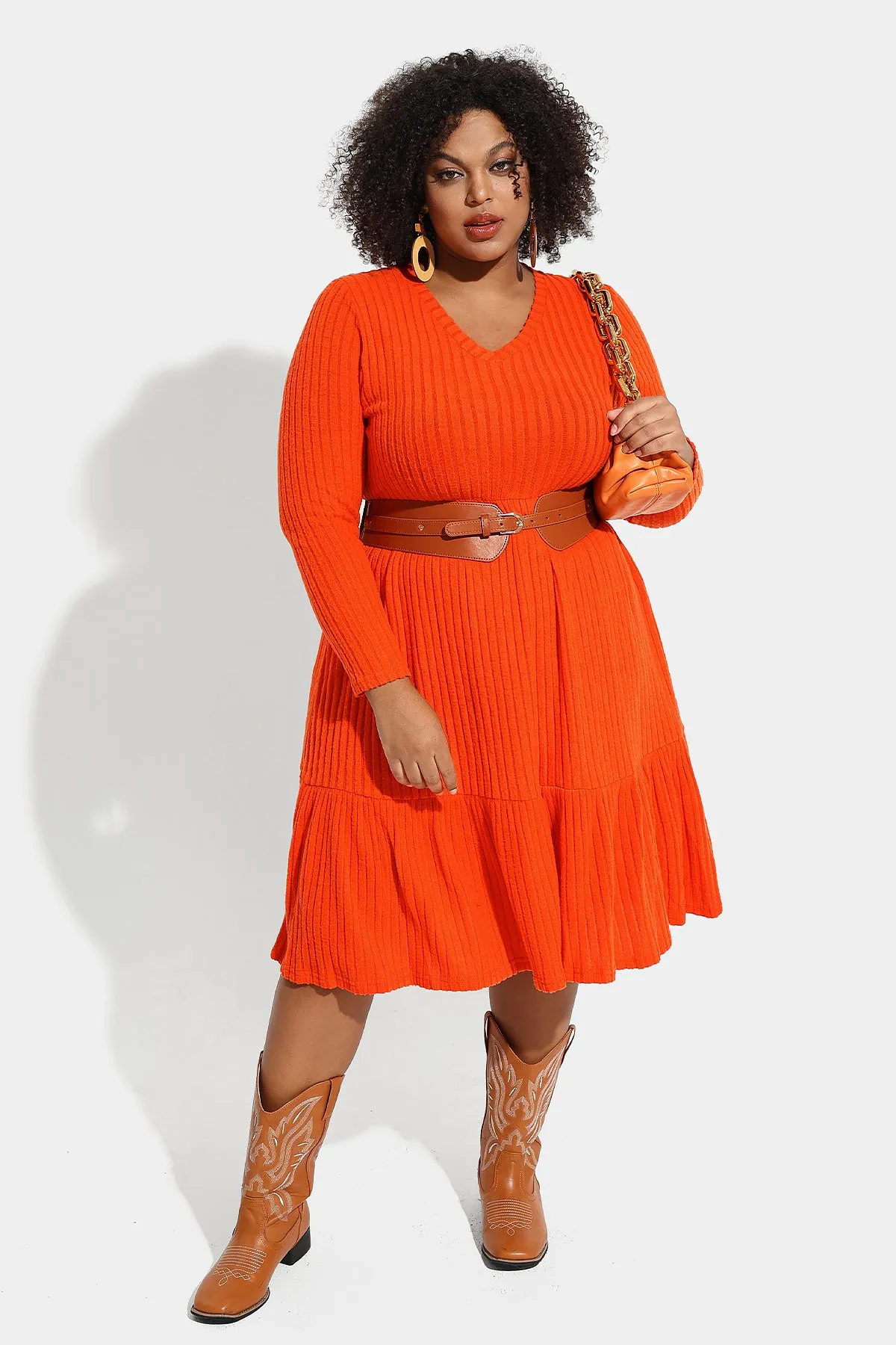 Pocket Solid Rib Knit Ruffle Hem Pleated Midi Dress