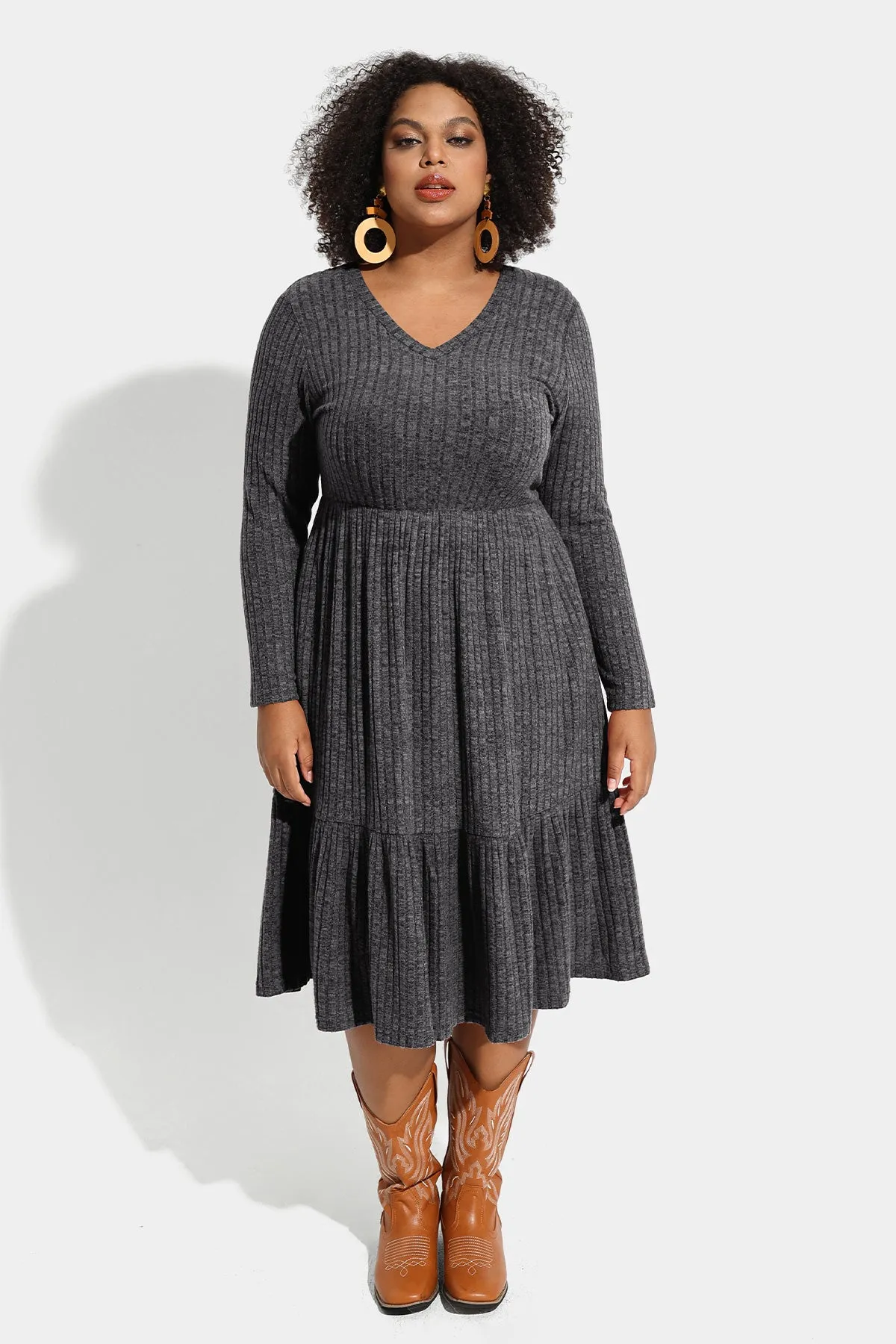 Pocket Solid Rib Knit Ruffle Hem Pleated Midi Dress