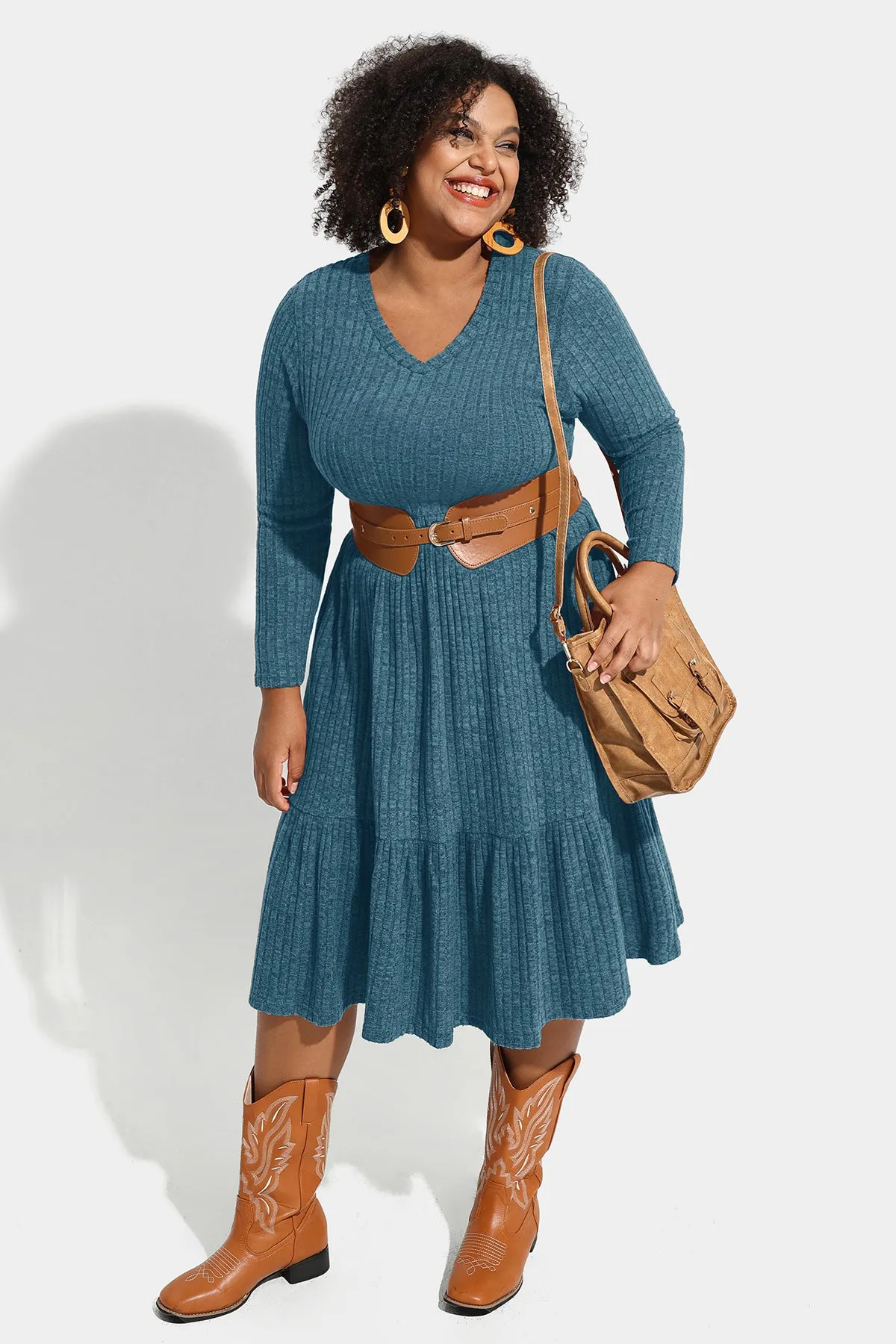Pocket Solid Rib Knit Ruffle Hem Pleated Midi Dress