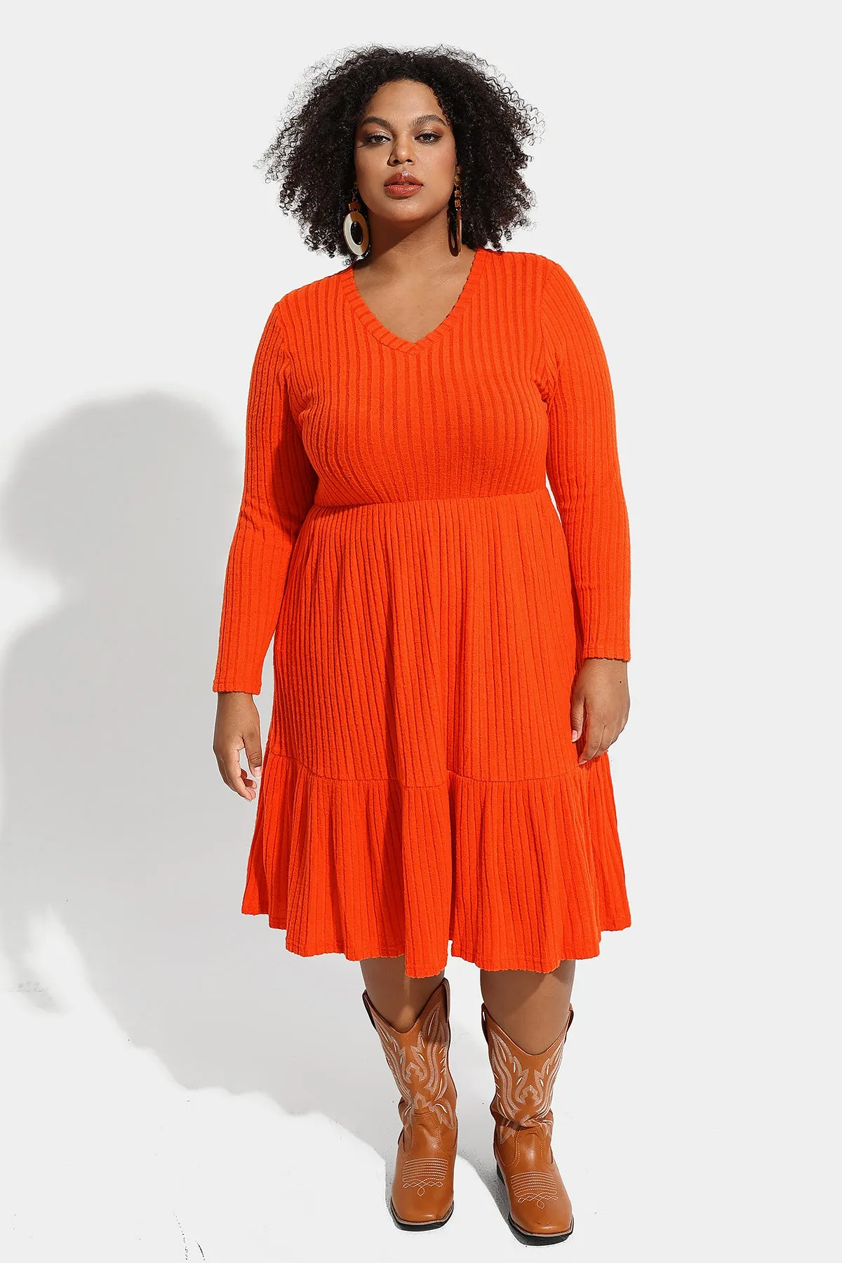 Pocket Solid Rib Knit Ruffle Hem Pleated Midi Dress