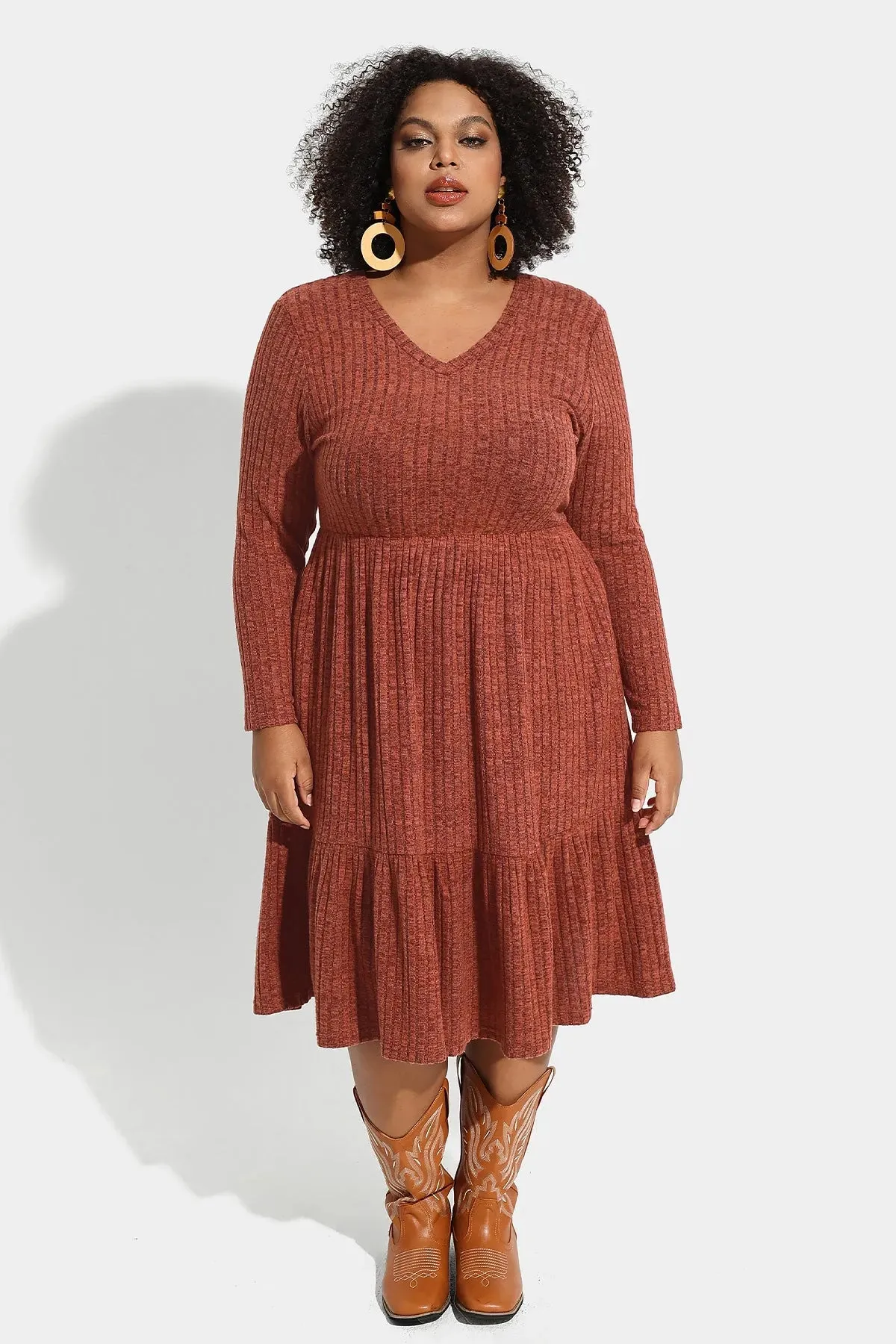 Pocket Solid Rib Knit Ruffle Hem Pleated Midi Dress