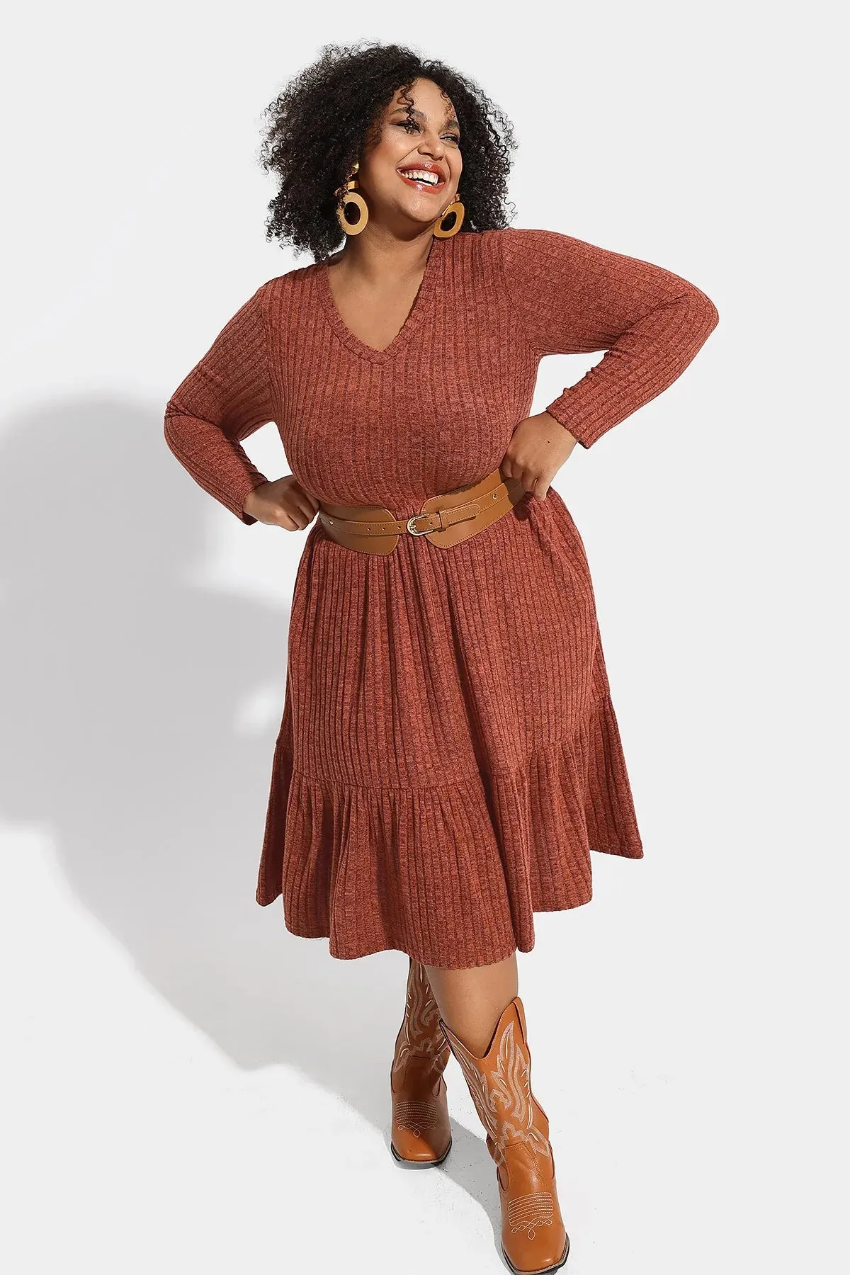 Pocket Solid Rib Knit Ruffle Hem Pleated Midi Dress