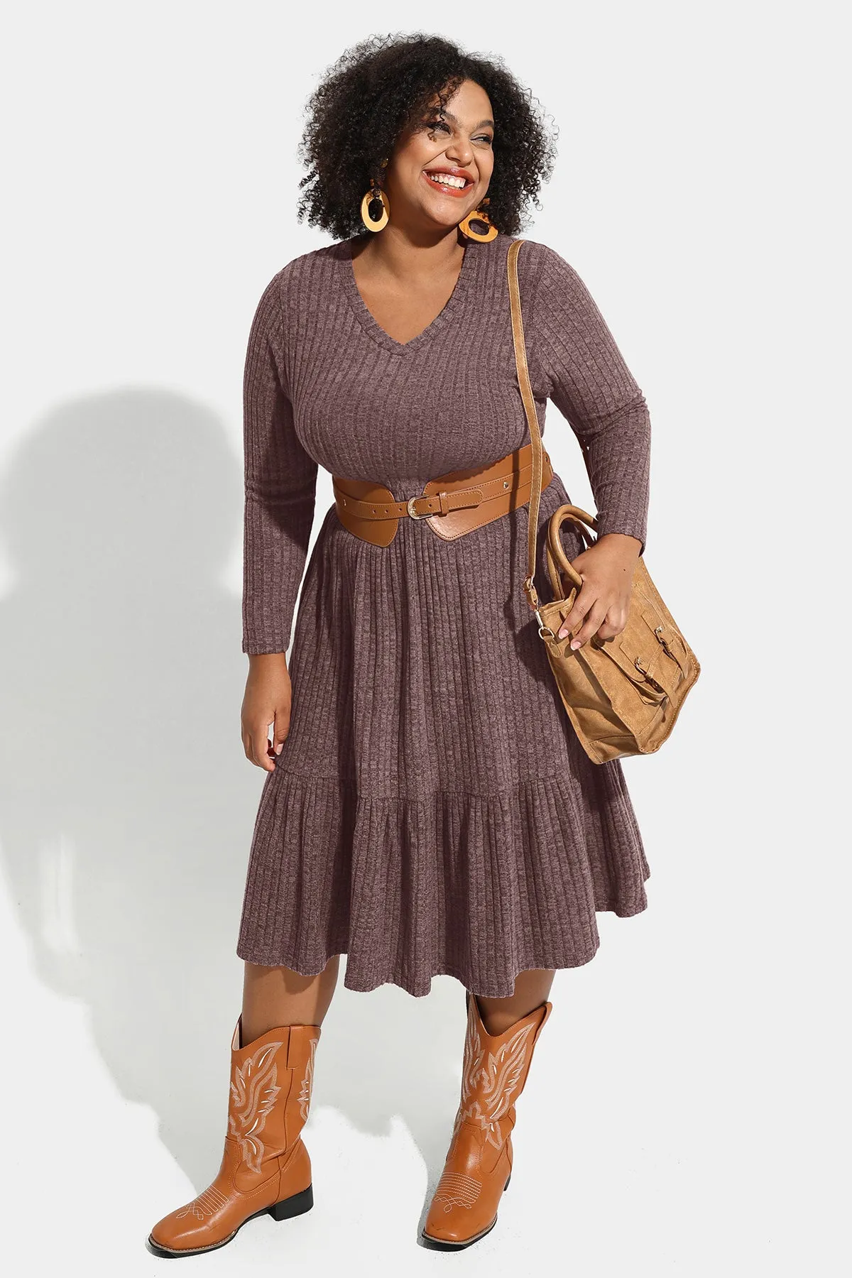 Pocket Solid Rib Knit Ruffle Hem Pleated Midi Dress
