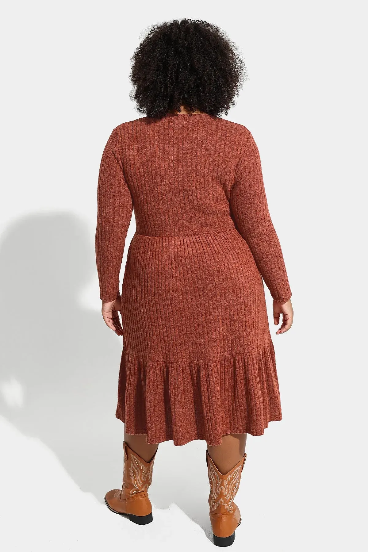 Pocket Solid Rib Knit Ruffle Hem Pleated Midi Dress