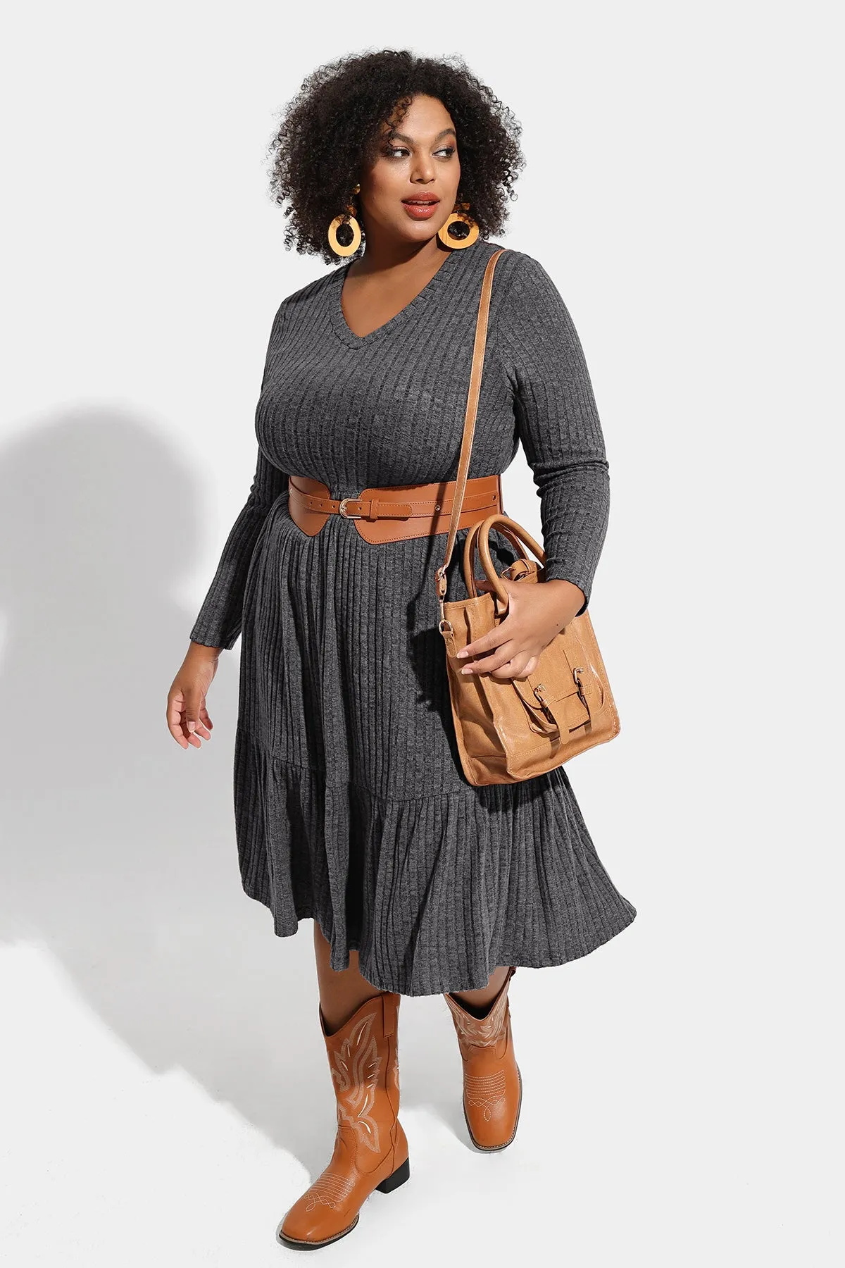 Pocket Solid Rib Knit Ruffle Hem Pleated Midi Dress