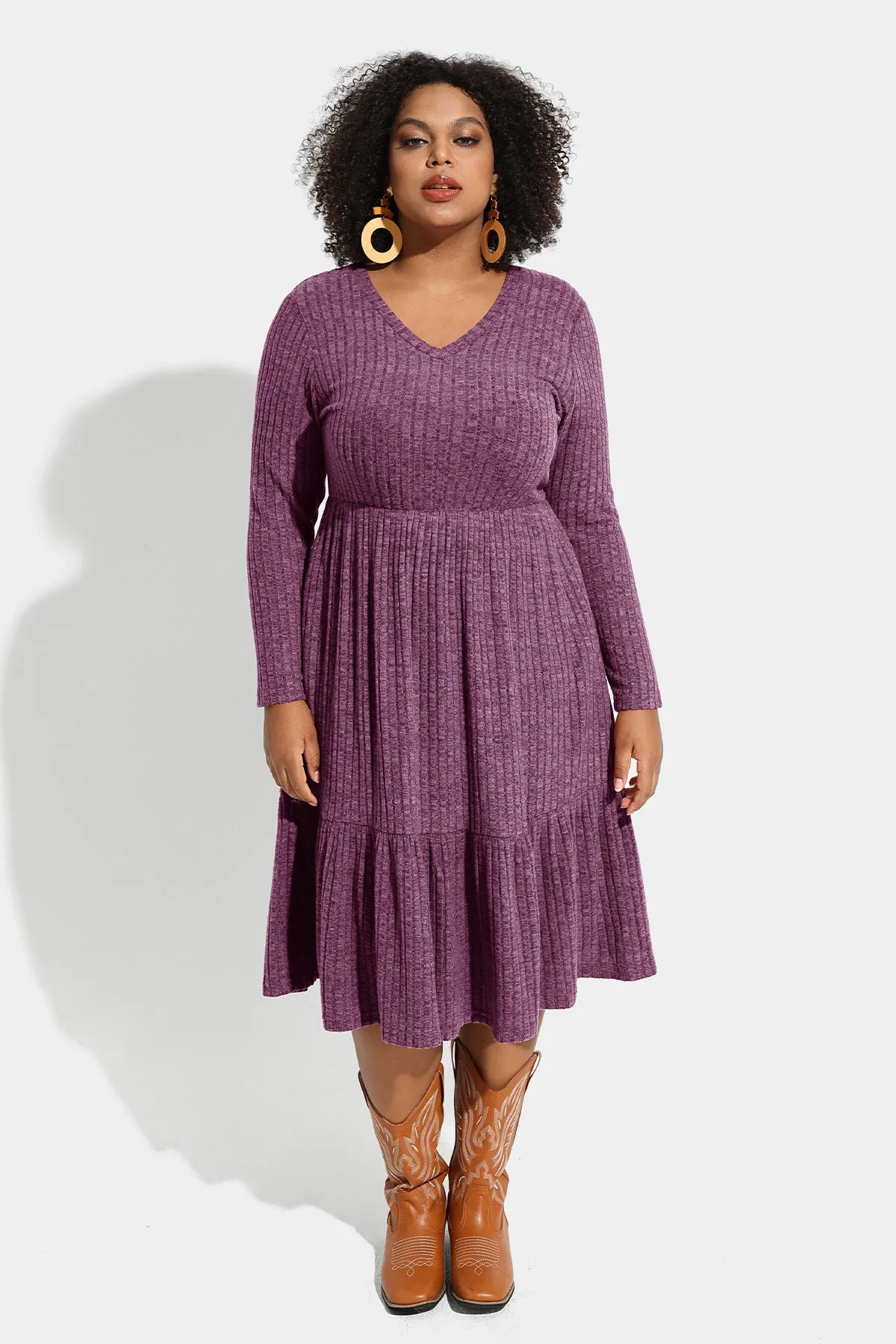 Pocket Solid Rib Knit Ruffle Hem Pleated Midi Dress