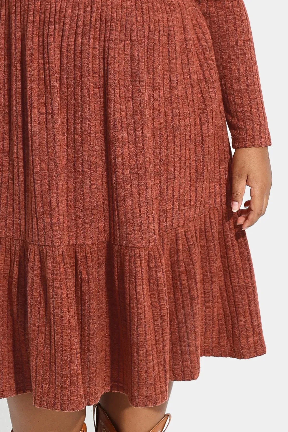 Pocket Solid Rib Knit Ruffle Hem Pleated Midi Dress
