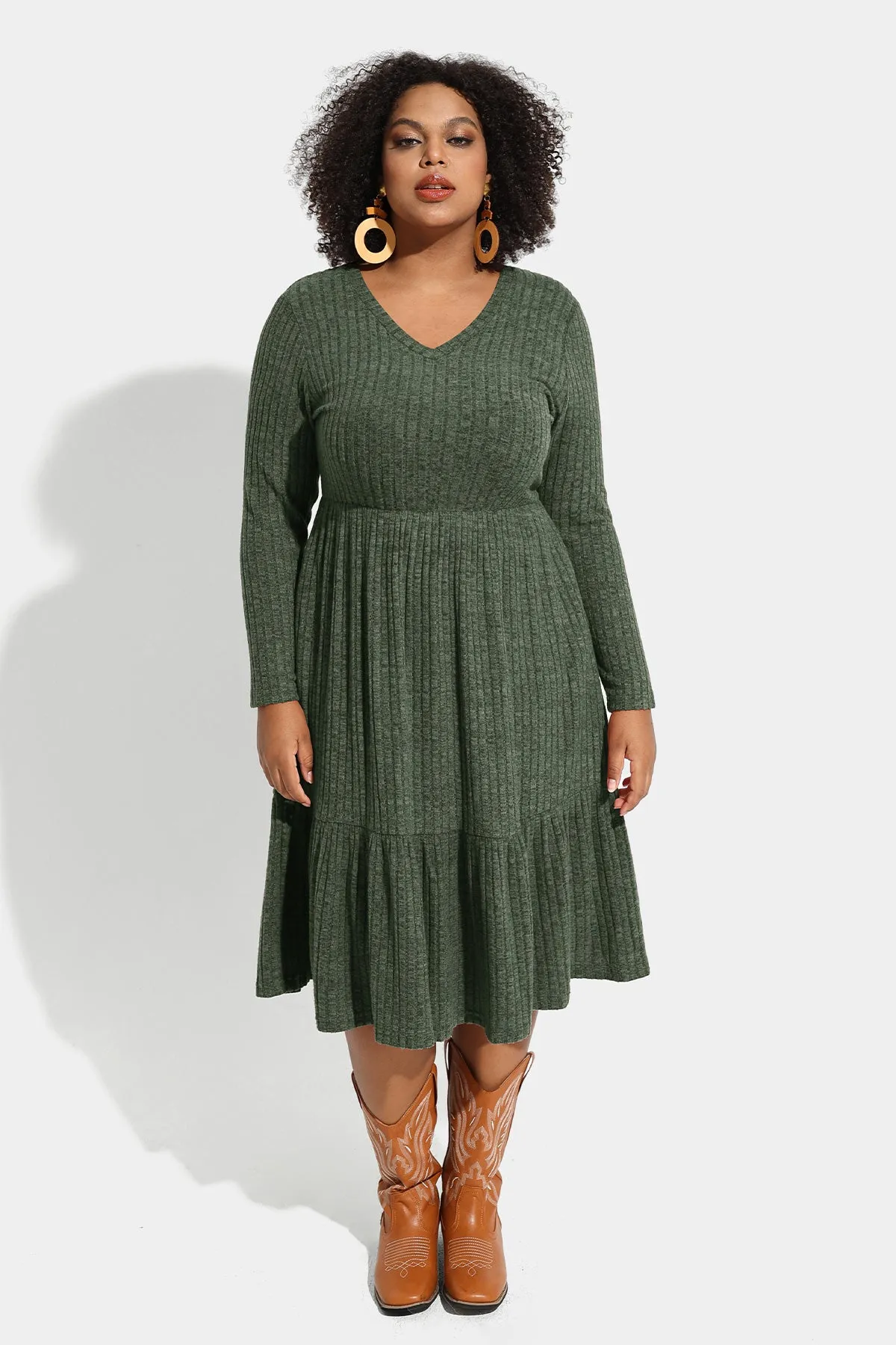 Pocket Solid Rib Knit Ruffle Hem Pleated Midi Dress