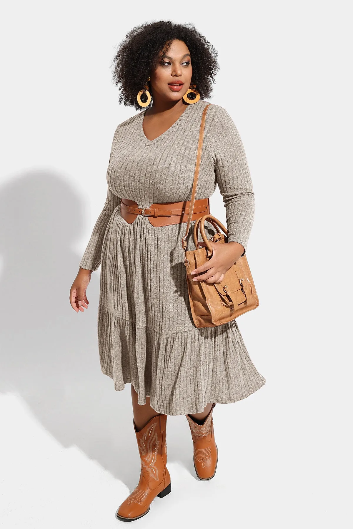 Pocket Solid Rib Knit Ruffle Hem Pleated Midi Dress