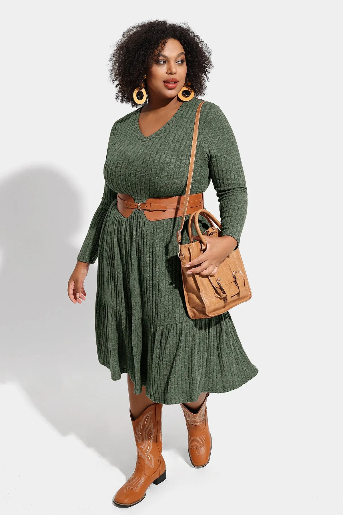 Pocket Solid Rib Knit Ruffle Hem Pleated Midi Dress